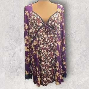 FREE PEOPLE Odette Printed Bohemian Tunic Espresso Lace Trim Sleeve Dress  XL